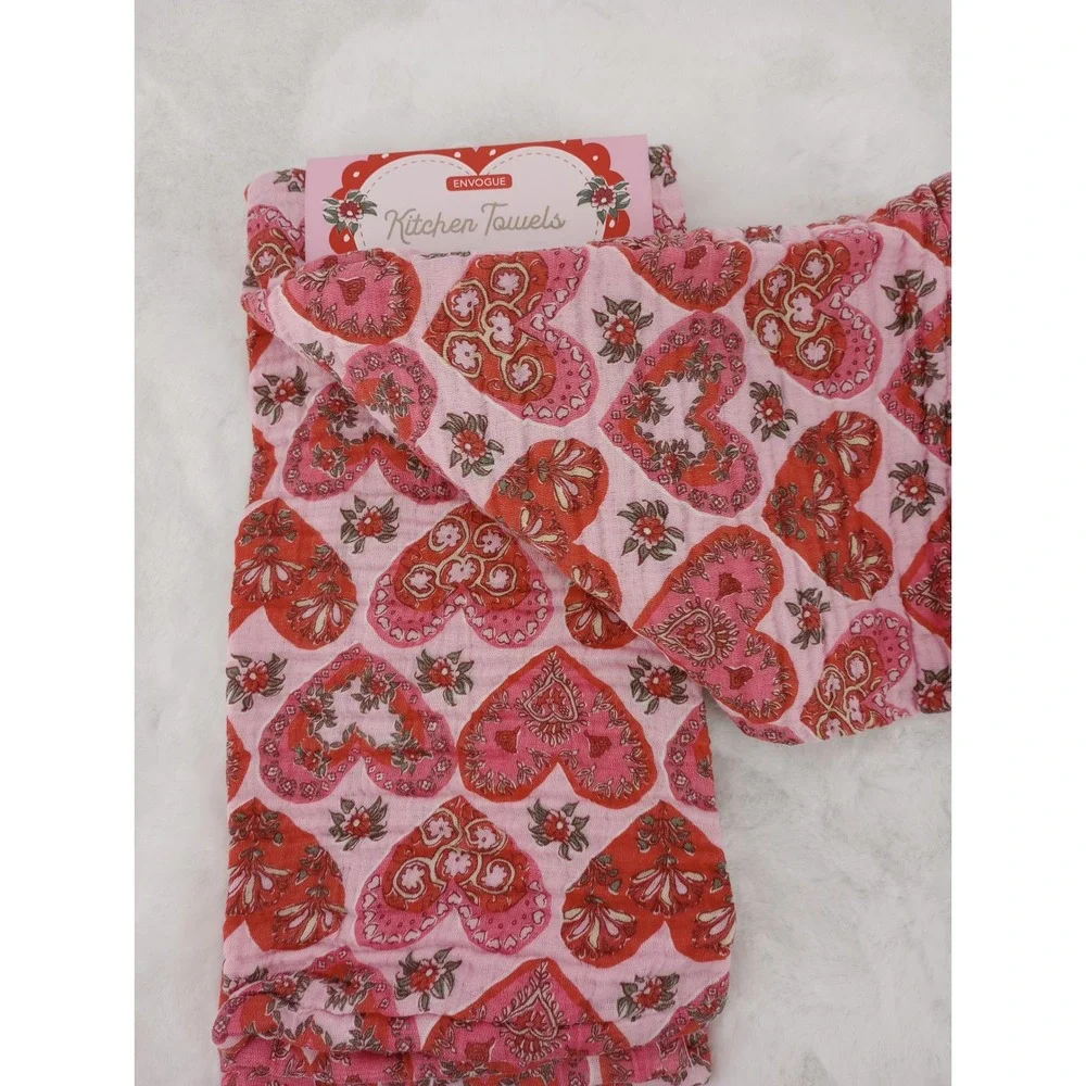 ENVOGUE‎ KITCHEN TOWELS COTTON GAUZE HEARTS FLORAL PINK 18X28